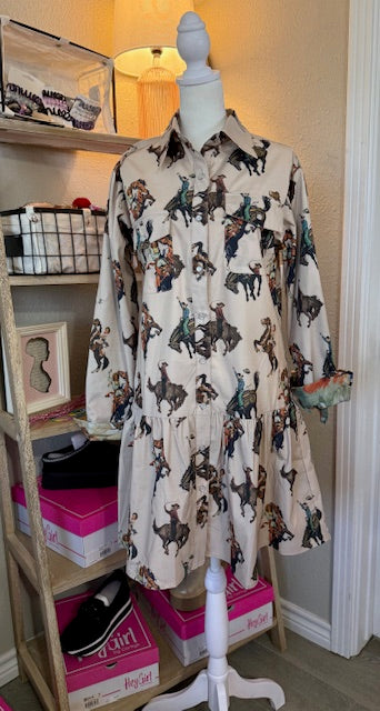 Lucky and Blessed Cowgirl Riding Horse Button Down Dress