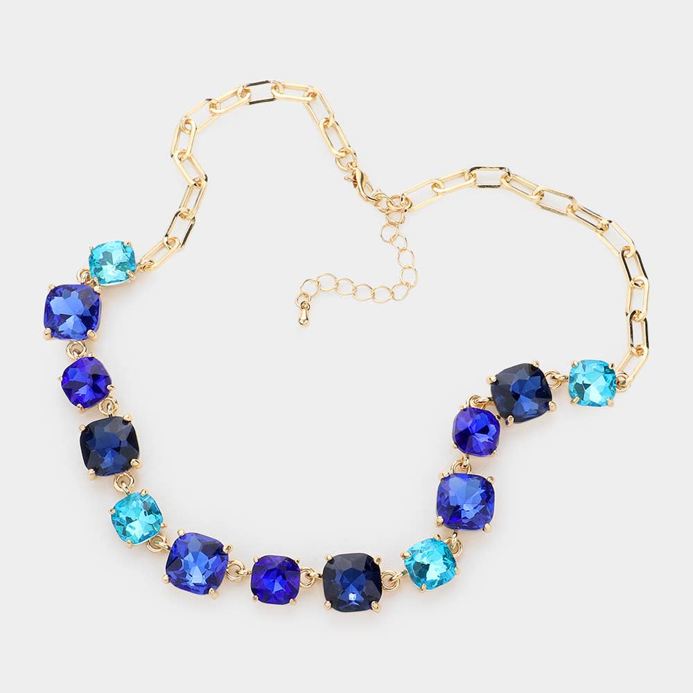 Cushion Square Stone Link Evening Necklace: AB,Blue