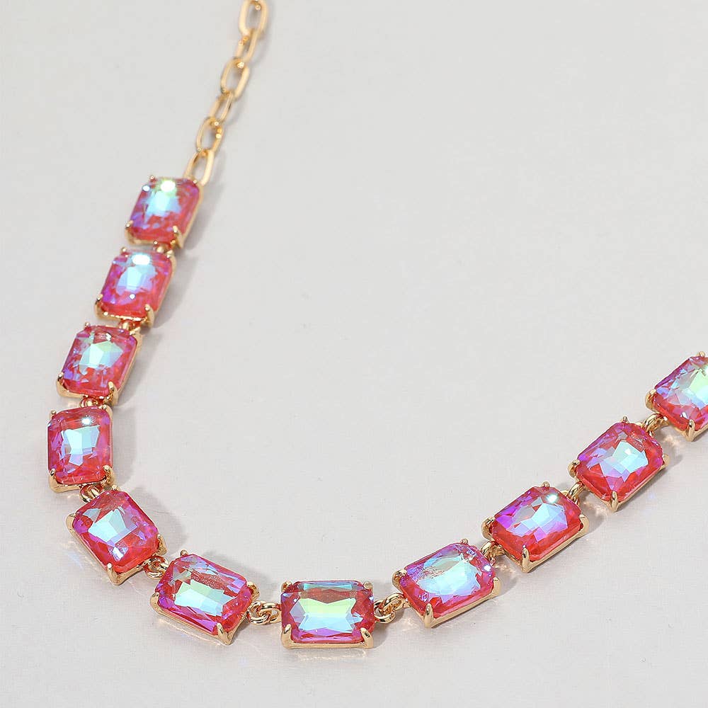 Cushion Rectangular Stone Cluster Link Evening Necklace: AB,Antique Silver