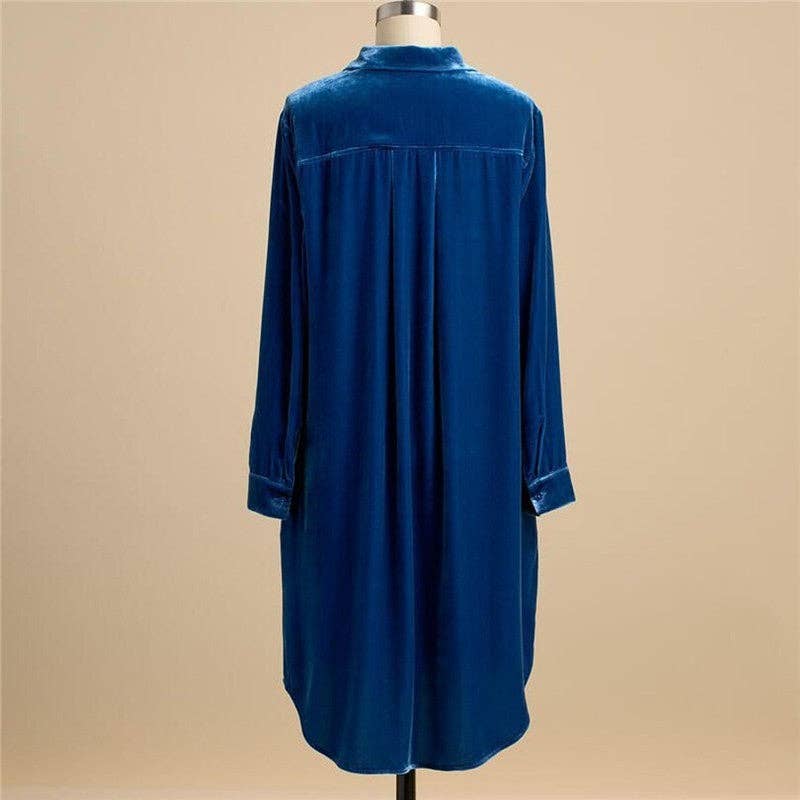 Casual Velvet Solid Color Shirt Dress: Malachite Blue / L