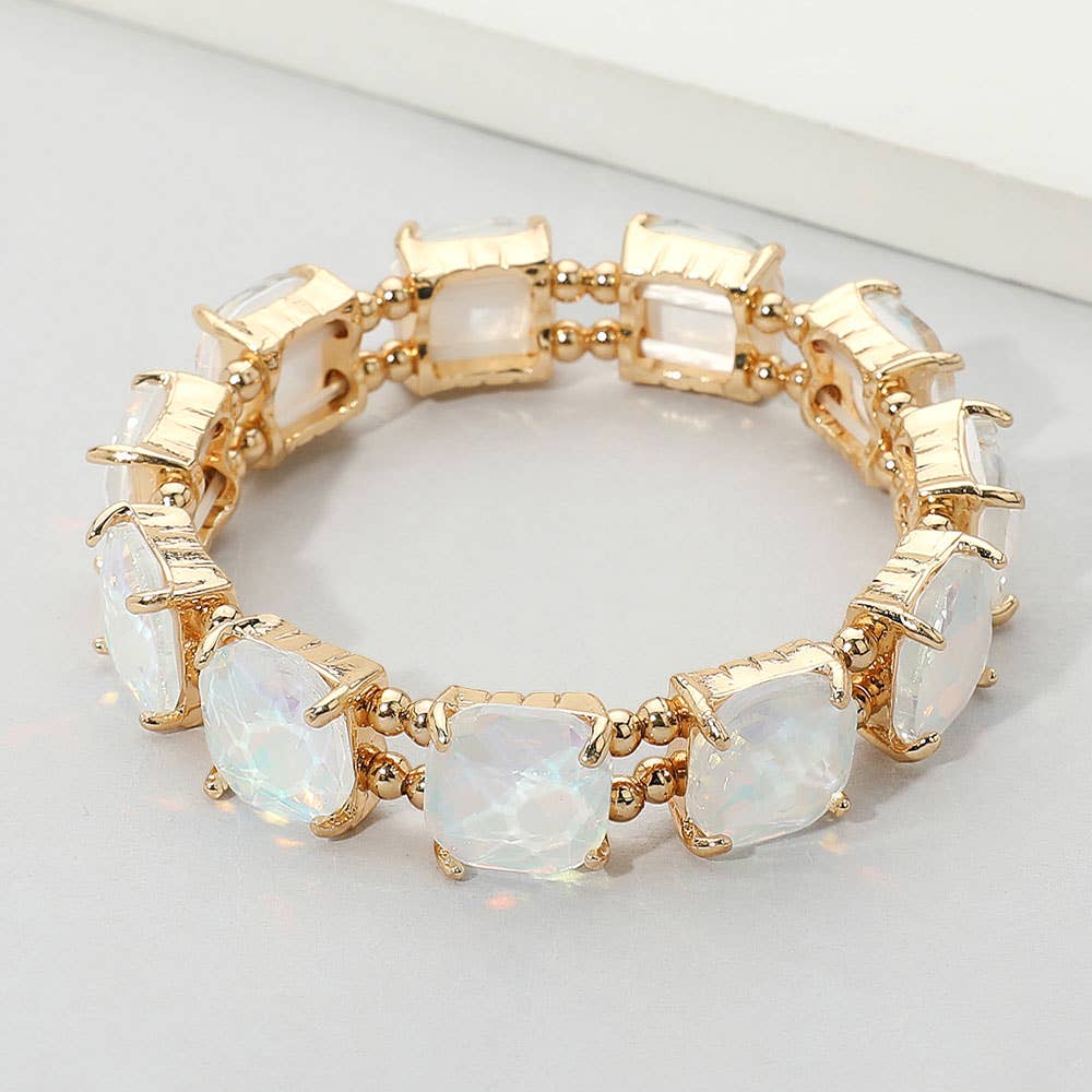 Cushion Square Stone Stretch Evening Bracelet: Gold Ab