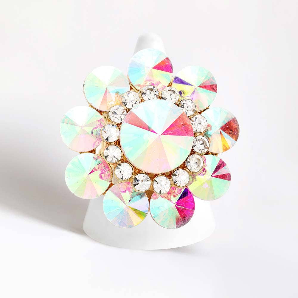 Round Crystal Flower Stretch Ring: AB,Silver