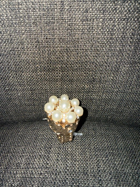 Gold Ring with Clear Stones In Flower - Pearl