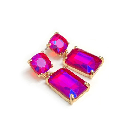 Double Square Linked Crystal Glass Dangle Earrings