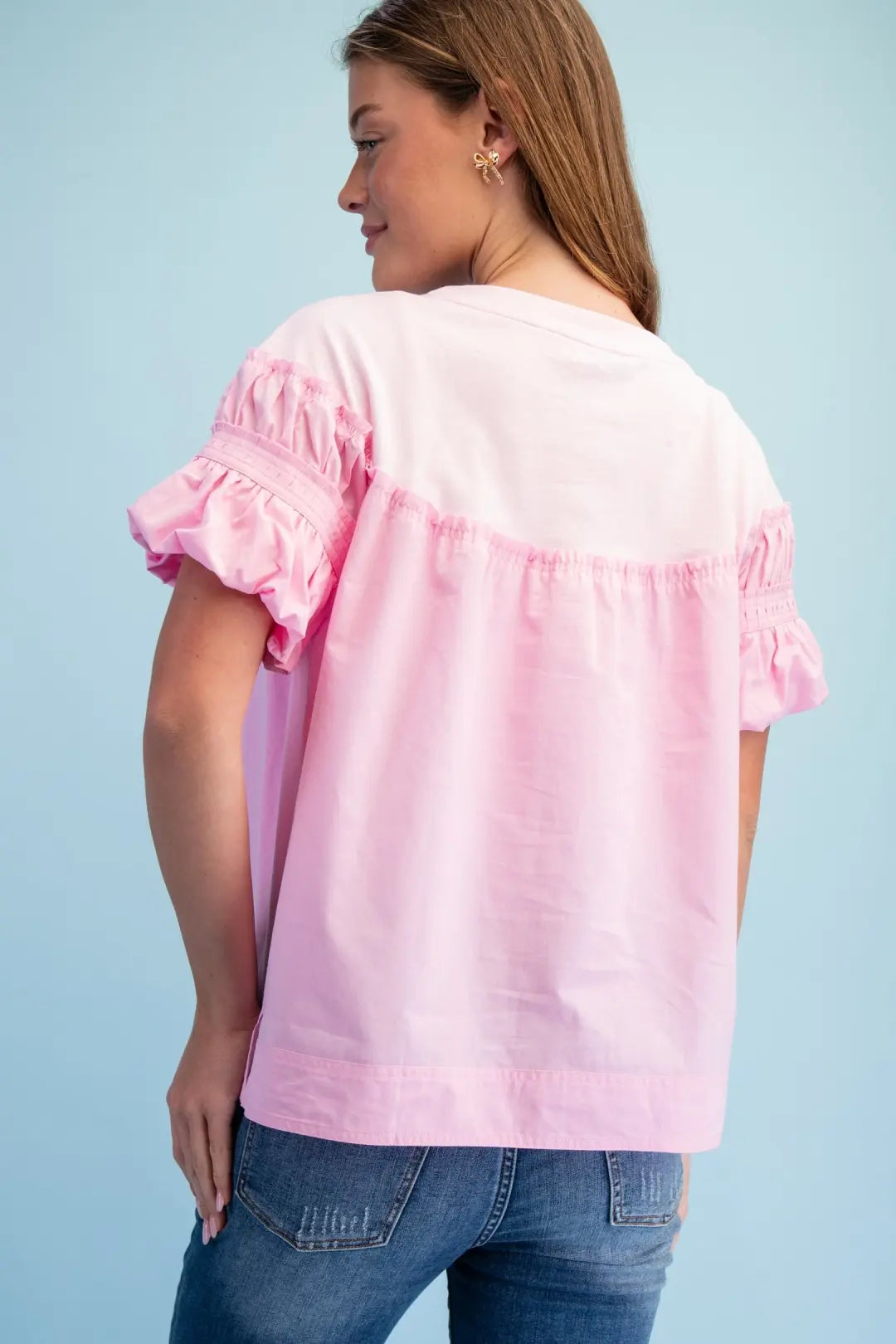 GiGiO Gathered Top with Puff Sleeves Pink