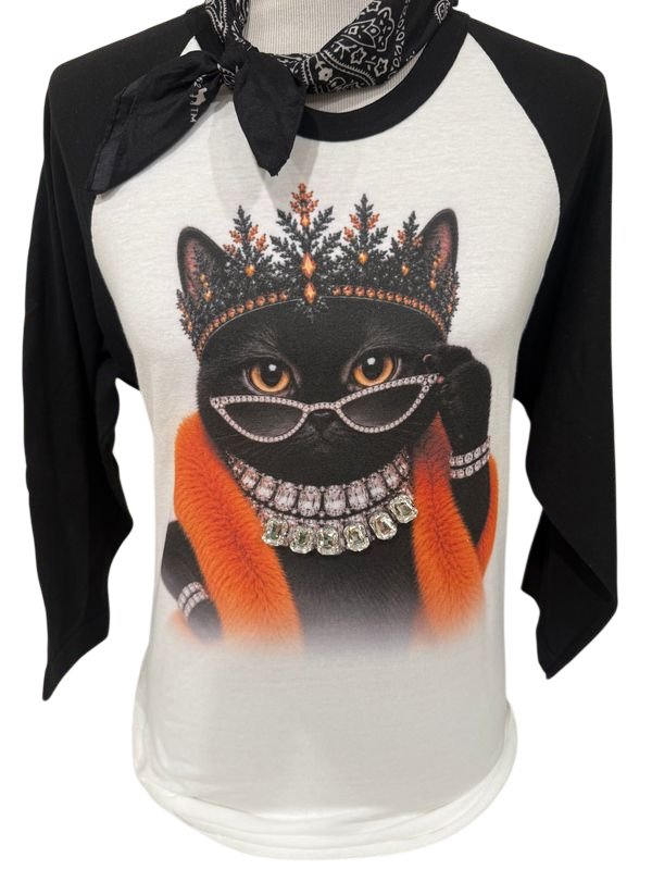 Jeweled Collar Sassy Black Cat on White/Blk Raglan: Yes All Blinged Out / L