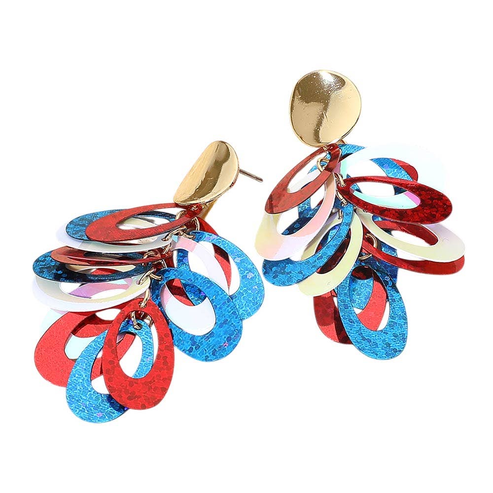 Patriotic Glittered Oval Dazzle Dangle Earrings