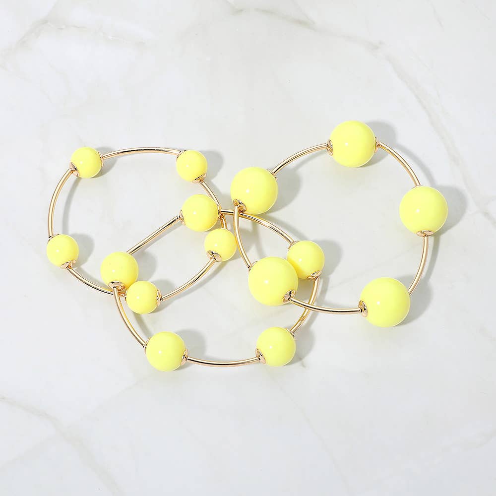 3PCS - Resin Ball Metal Bar Beaded Stretch Stackable Multi Layered Bracelets: Gold,Light,Pink
