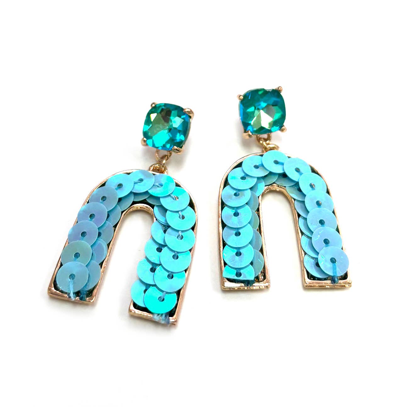 Cushion Cut Stone Post with Arch Sequin Dangle Earrings: Multi