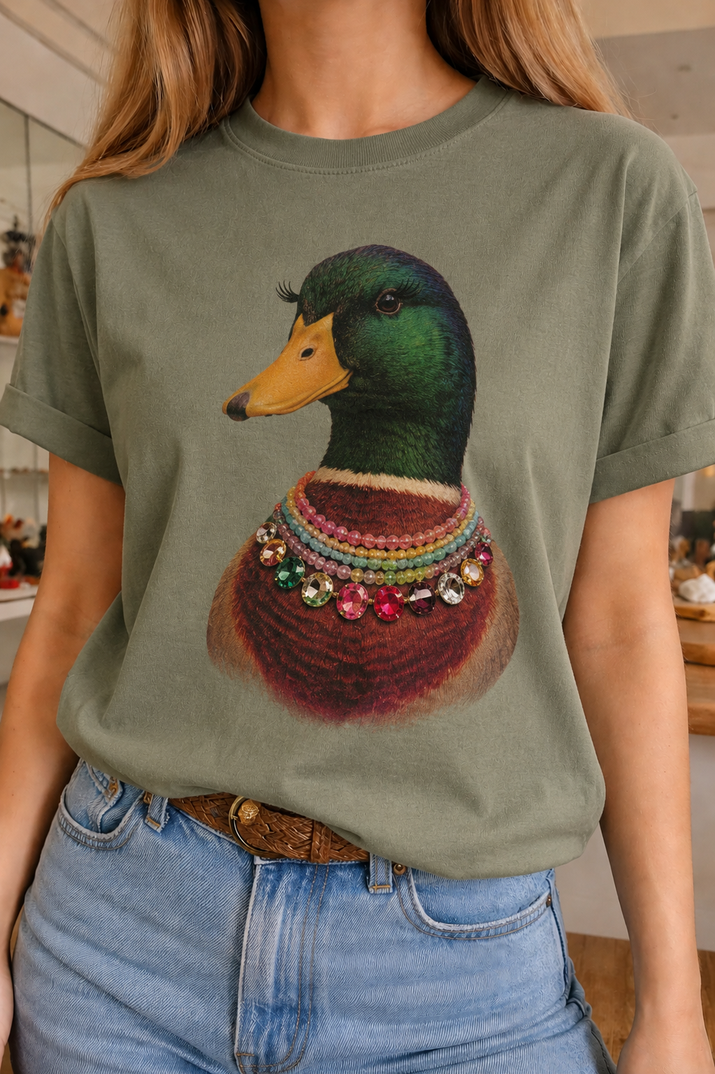 Jeweled Collar Mallard Duck on Military Green Crew: All Blinged Out / S