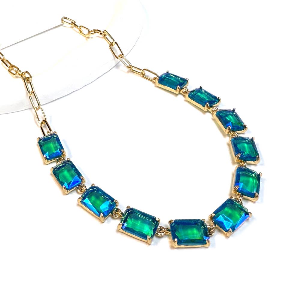 Rectangle Crystal Glass Linked Statement Chain Necklace : Neon Multi