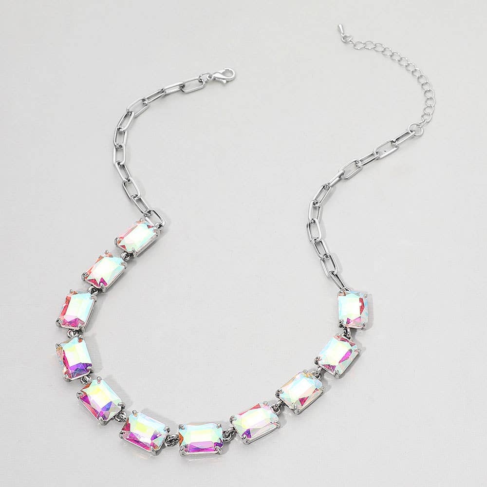 Cushion Rectangular Stone Cluster Link Evening Necklace: AB,Antique Silver