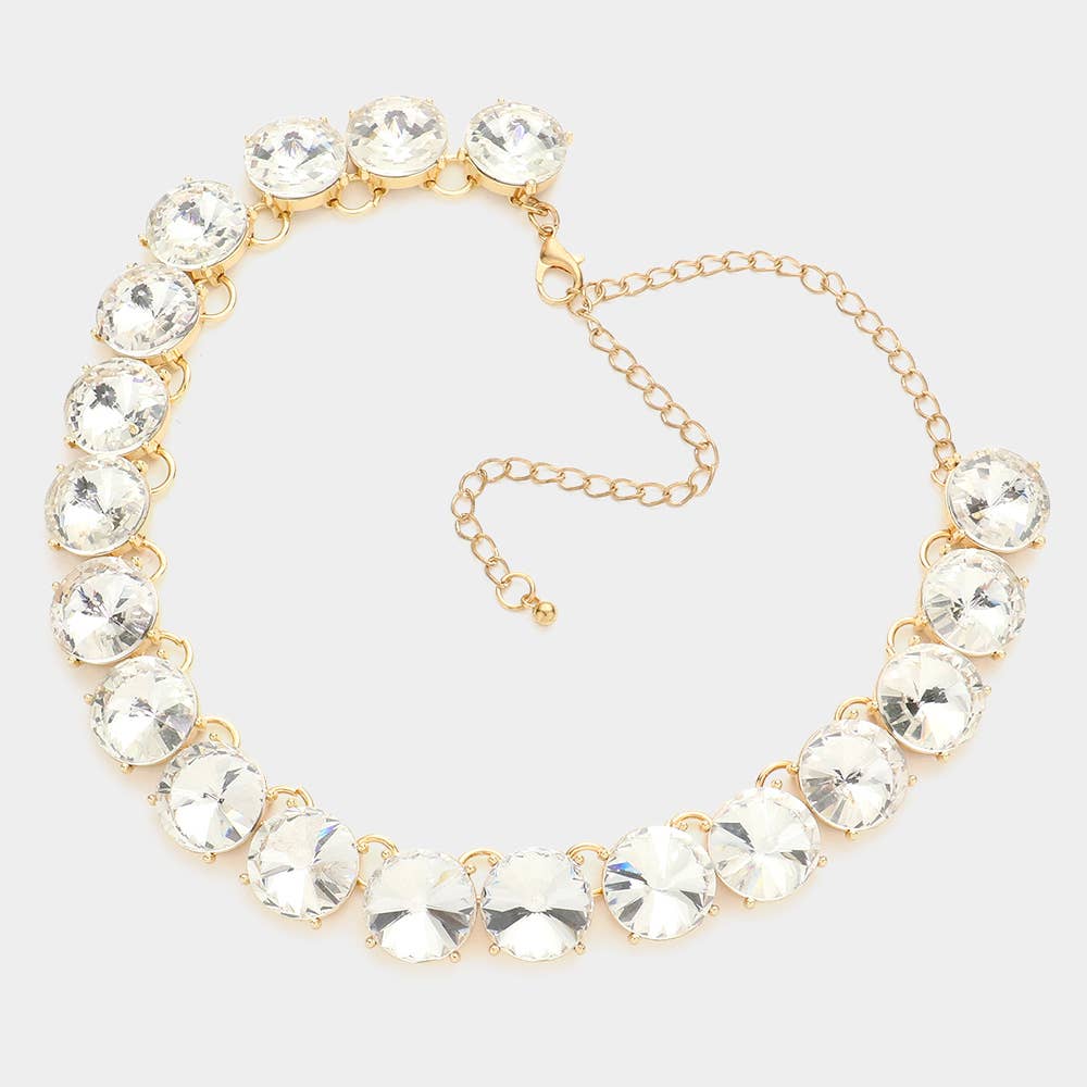 Round Stone Link Evening Necklace: AB,Silver