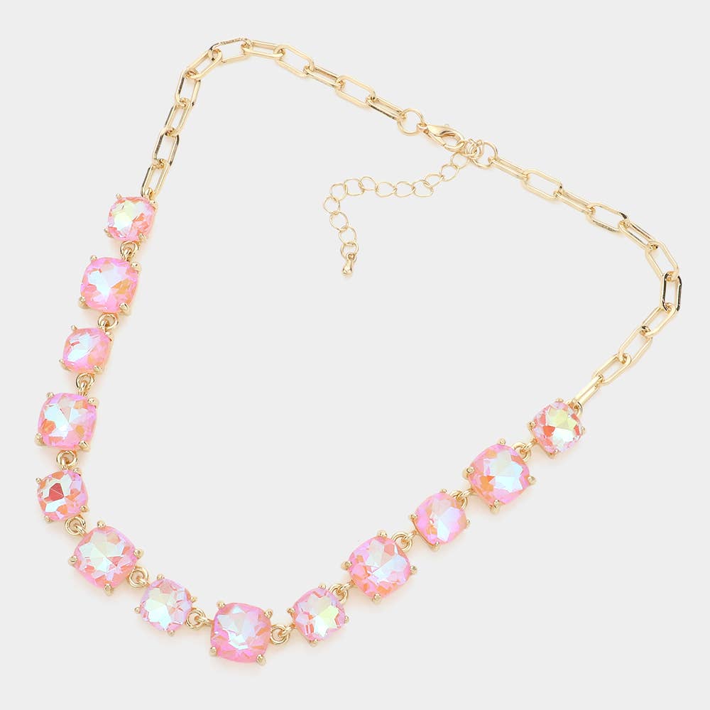 Cushion Square Stone Link Evening Necklace: AB,Pink
