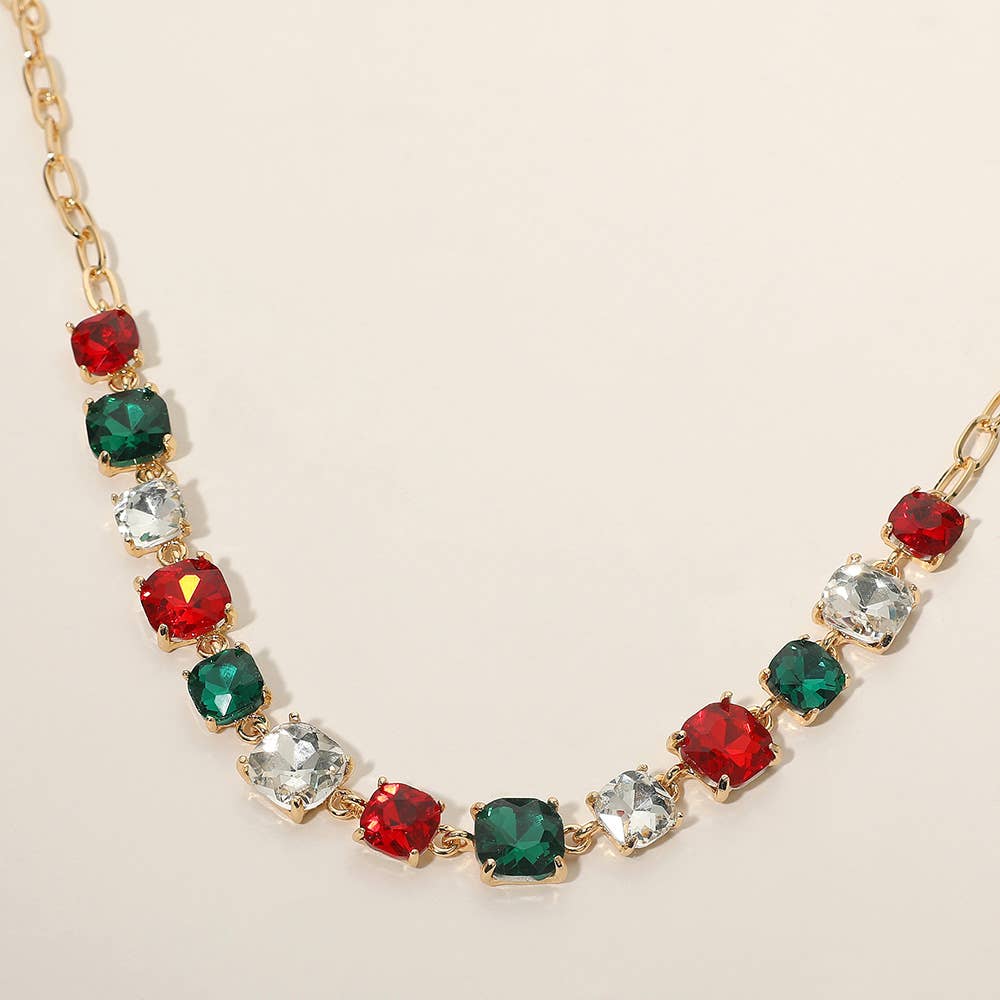 Cushion Square Stone Link Evening Necklace: AB,Pink