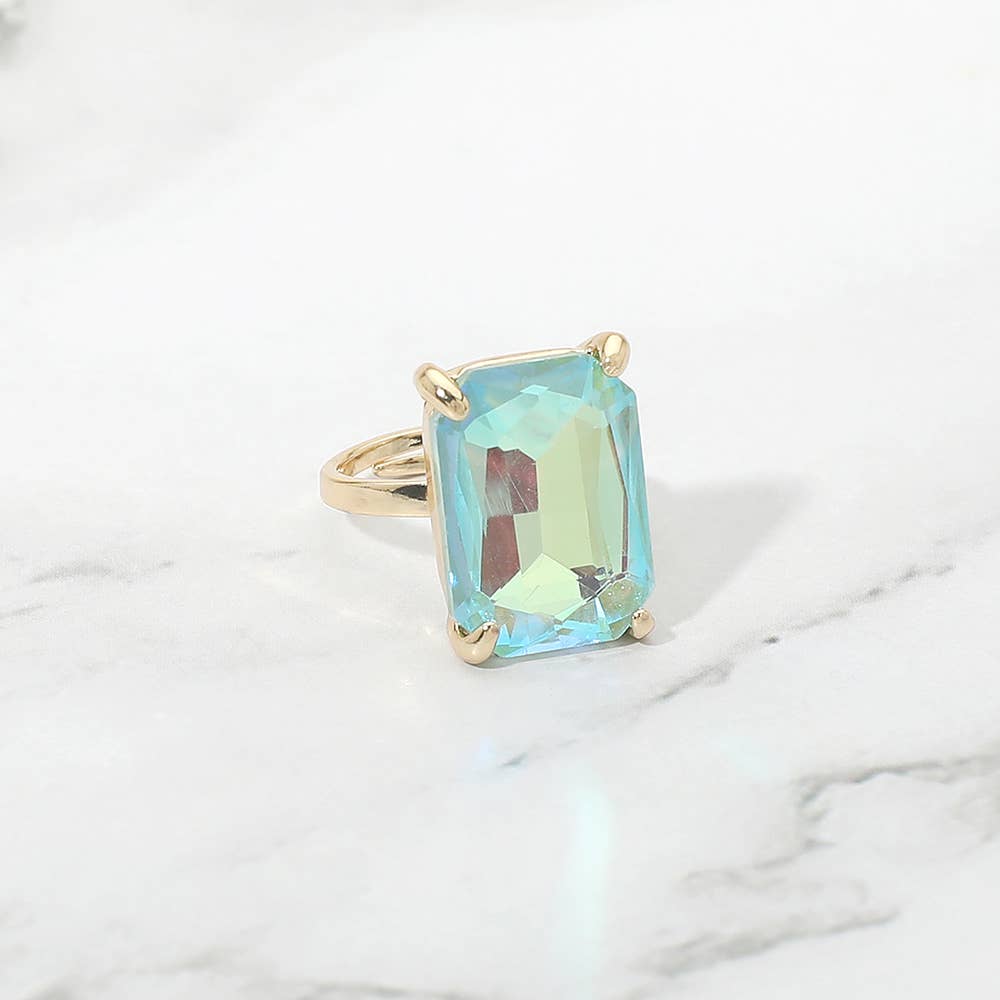 Bold Emerald Cut Stone Cluster Accent Adjustable Ring: AB,Blue