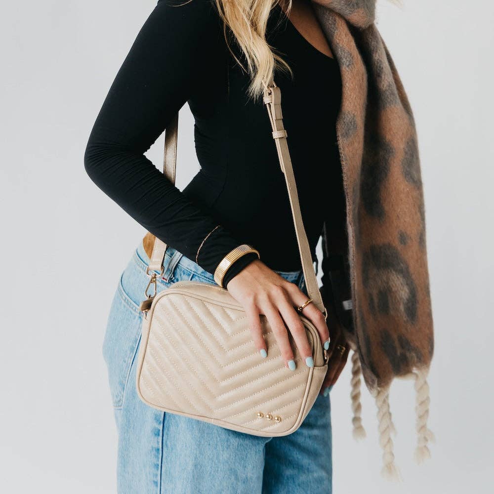 Coco Quilted Camera Crossbody Bag: Taupe