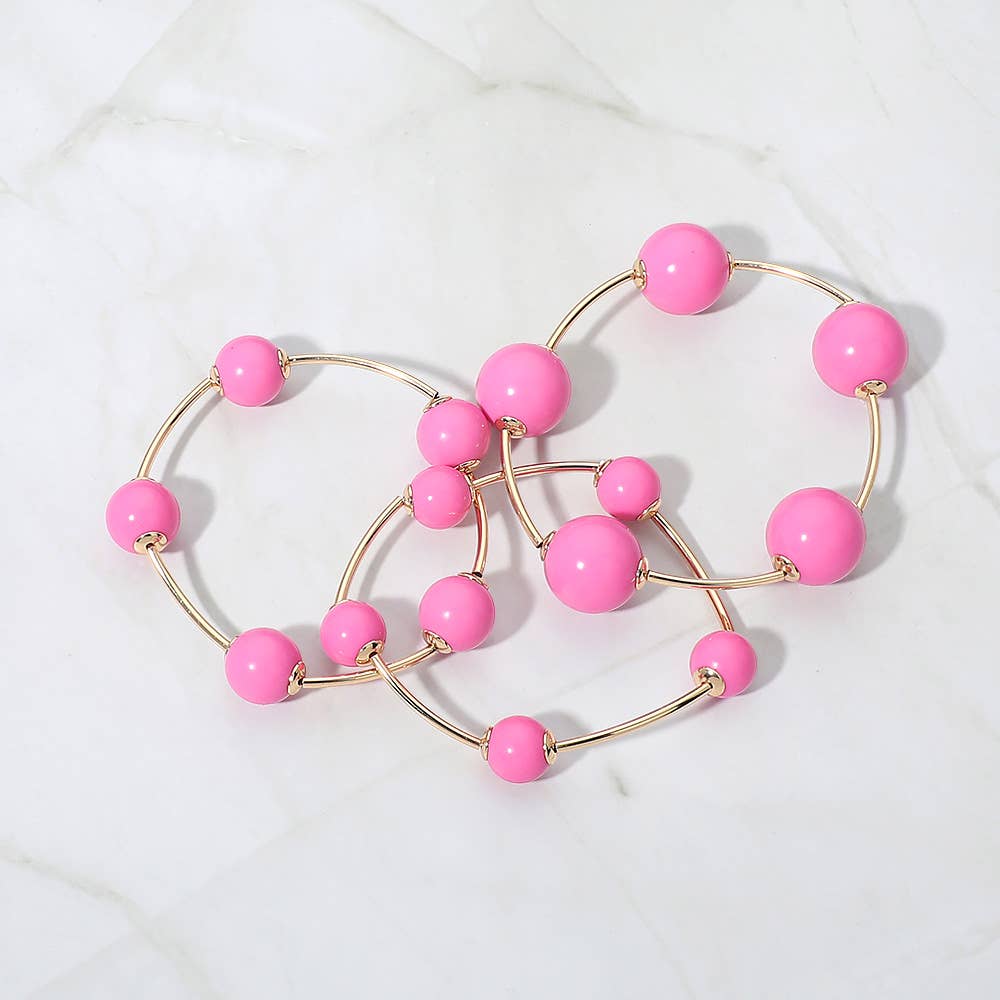 3PCS - Resin Ball Metal Bar Beaded Stretch Stackable Multi Layered Bracelets: Gold,White