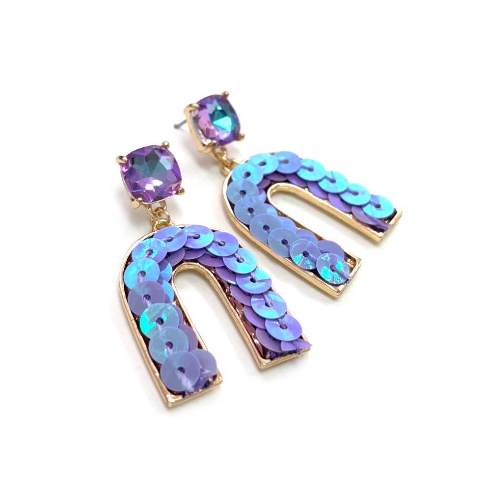Cushion Cut Stone Post with Arch Sequin Dangle Earrings: Mint