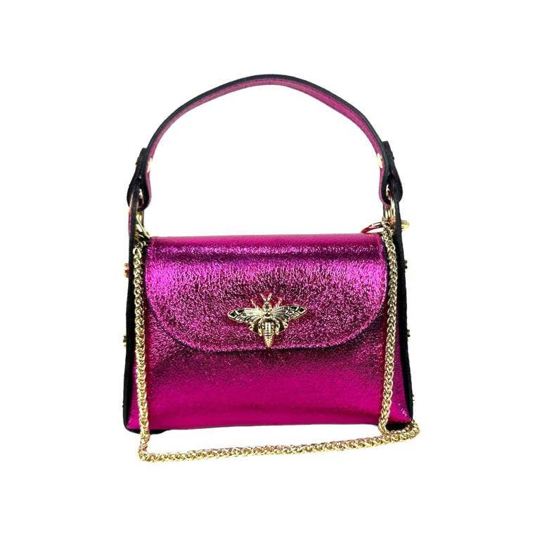 Women's Metallic Leather Compact Bag with Studs and Bee: Rose