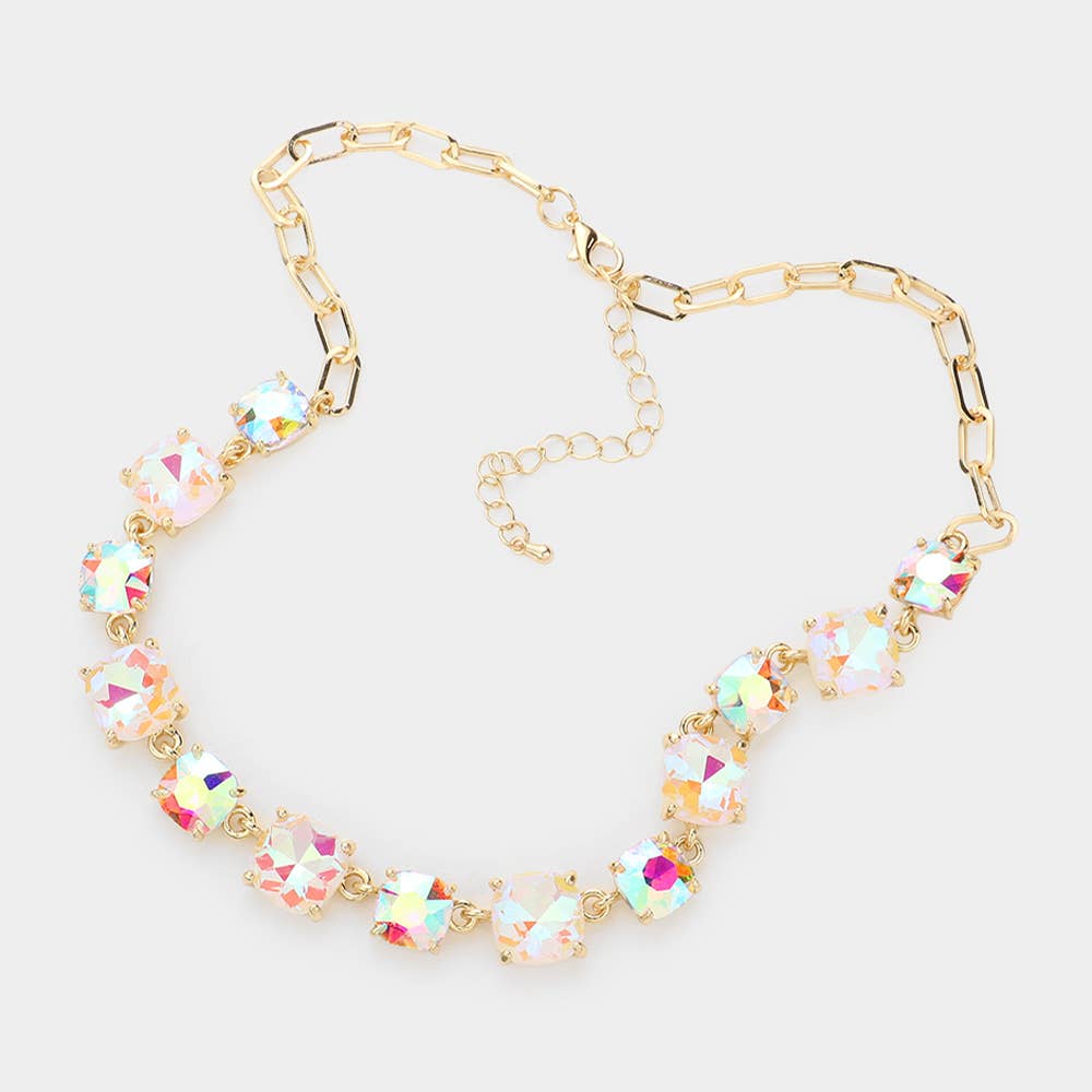 Cushion Square Stone Link Evening Necklace: AB,Pink