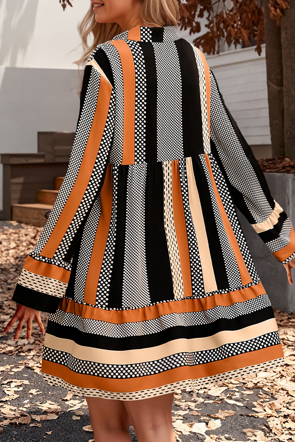 Striped Polka Dot Print V Neck Long Sleeve Mini Dress (S-XL): Multi-Colored / Missy / XL