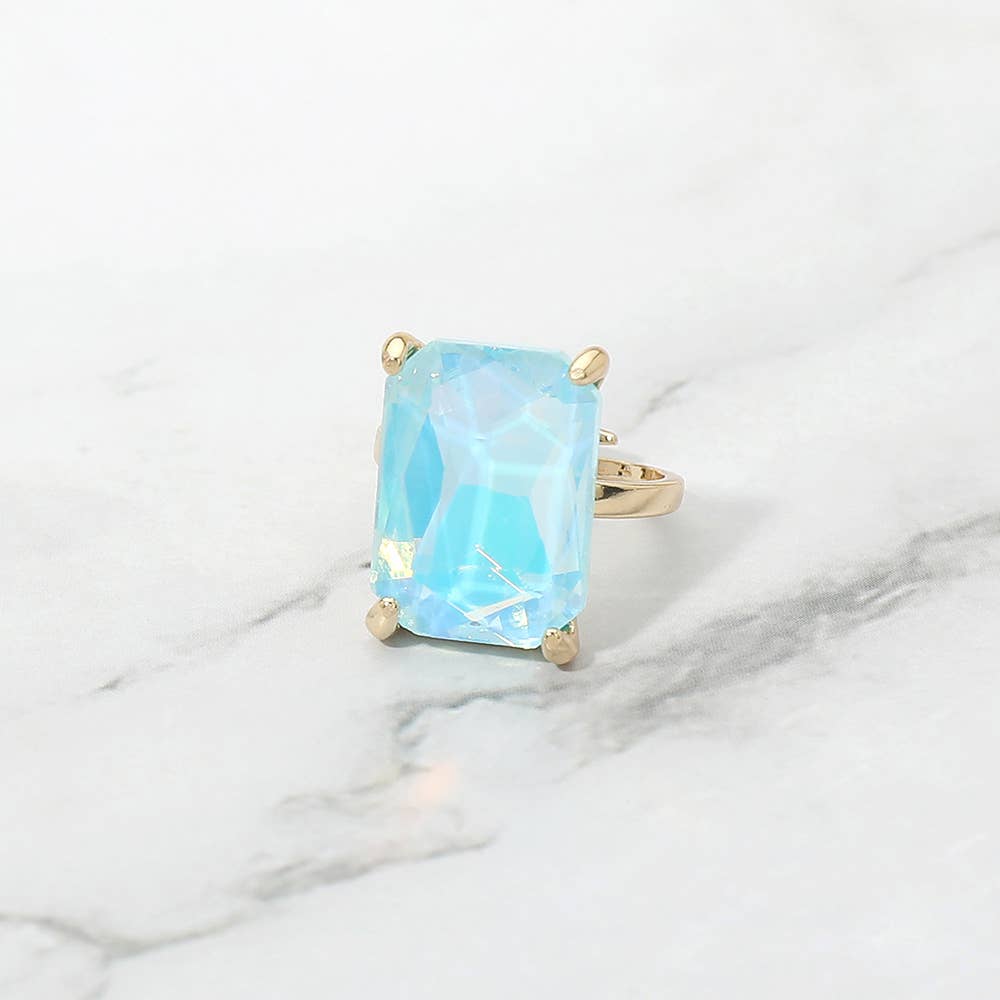 Bold Emerald Cut Stone Cluster Accent Adjustable Ring: AB,Blue
