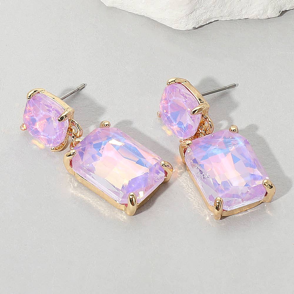 Square Rectangle Glass Stone Link Dangle Evening Earrings: LP-AB