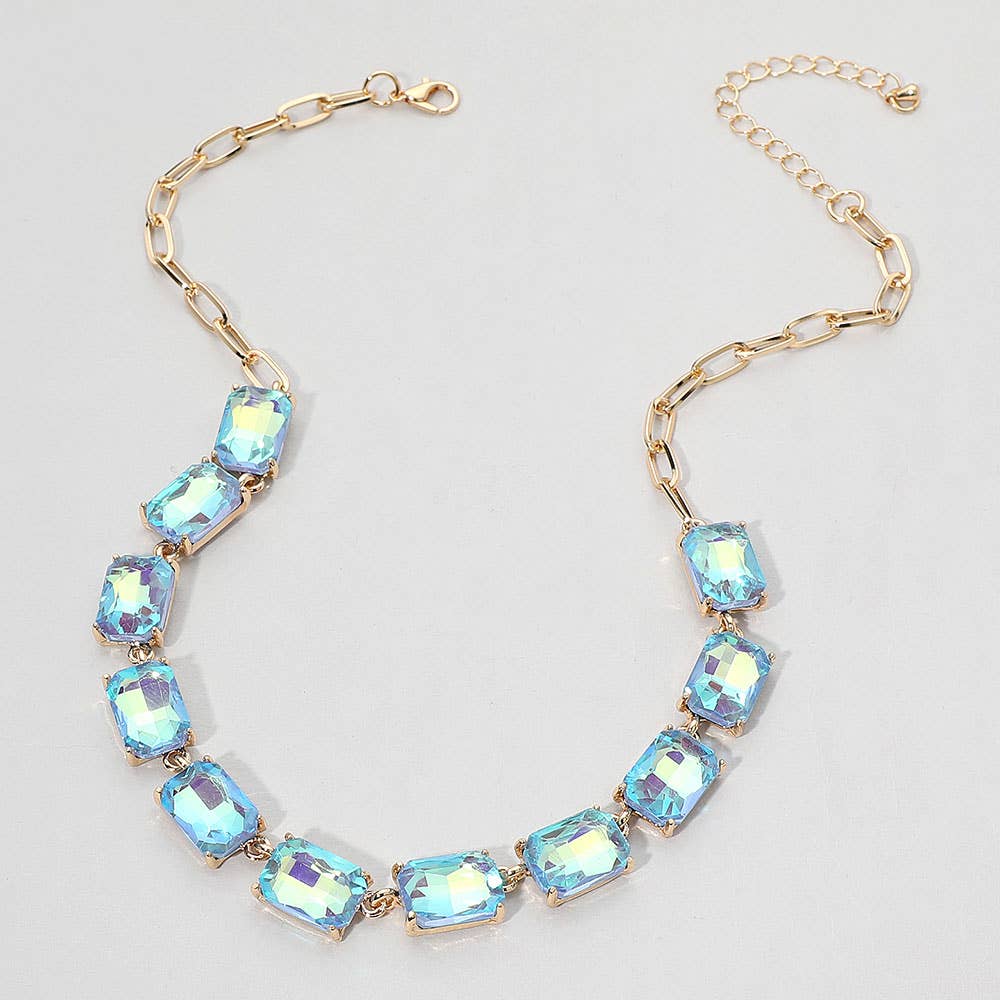 Cushion Rectangular Stone Cluster Link Evening Necklace: AB,Antique Silver