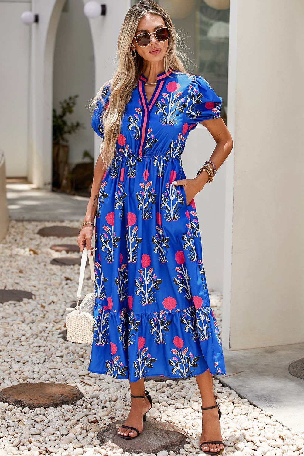 LDC Floral Puff Short Sleeve V Neck High Waist Maxi Dress: White / S