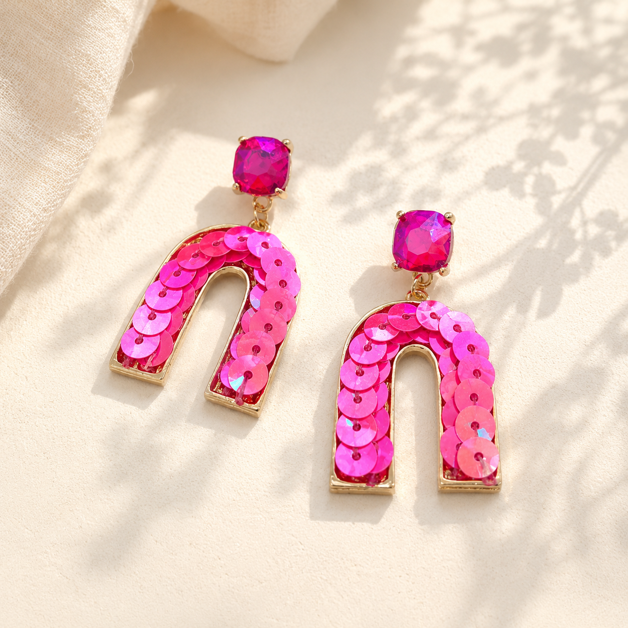 Cushion Cut Stone Post with Arch Sequin Dangle Earrings: Lavender