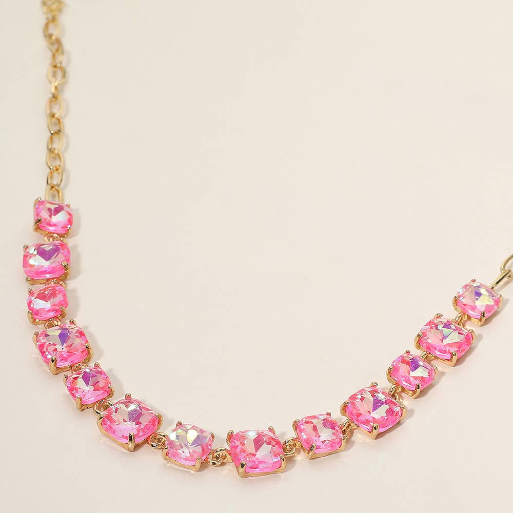 Cushion Square Stone Link Evening Necklace: AB,Pink