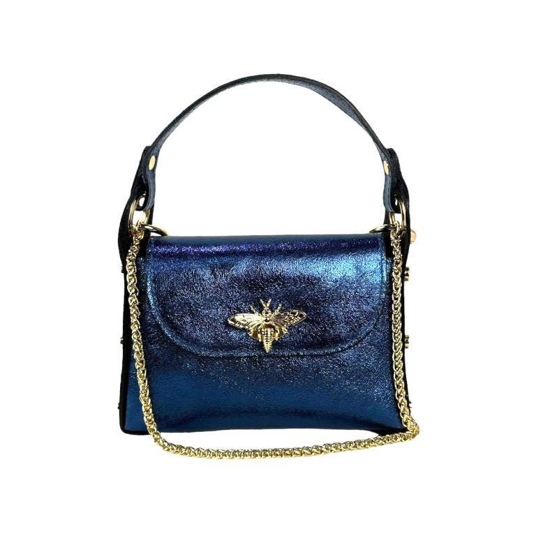 Women's Metallic Leather Compact Bag with Studs and Bee: Fuchsia
