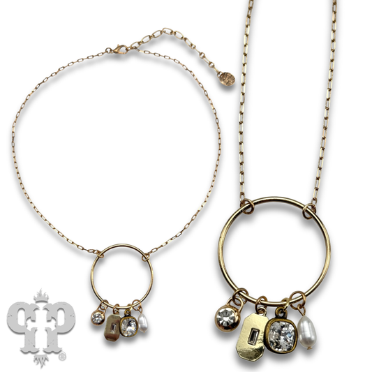 Circle charm necklace, Austrian crystal: Gold