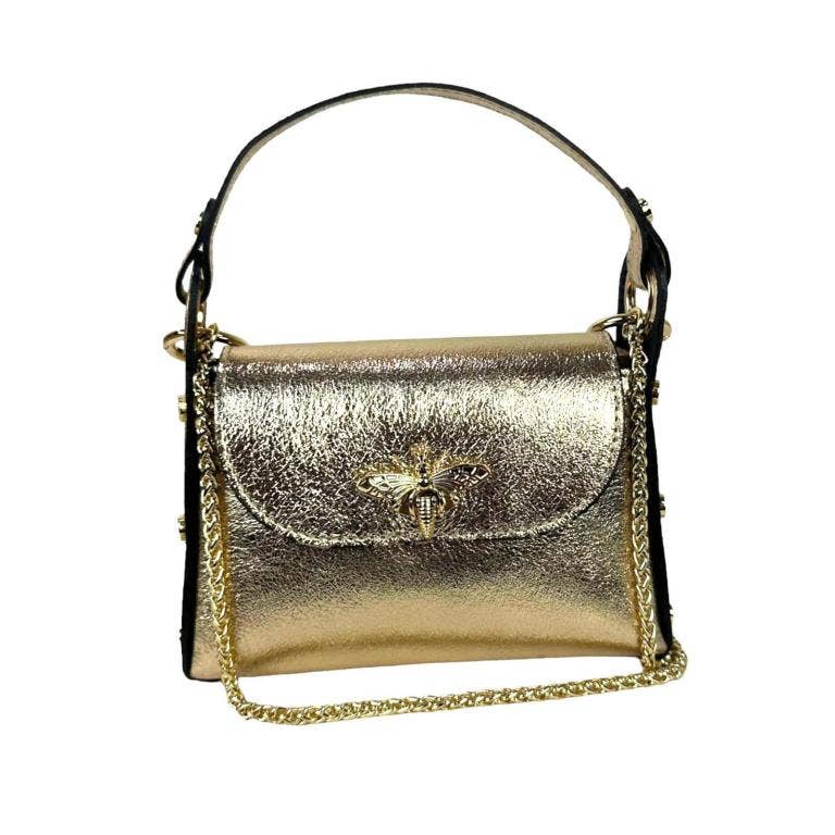 Women's Metallic Leather Compact Bag with Studs and Bee: Turquoise