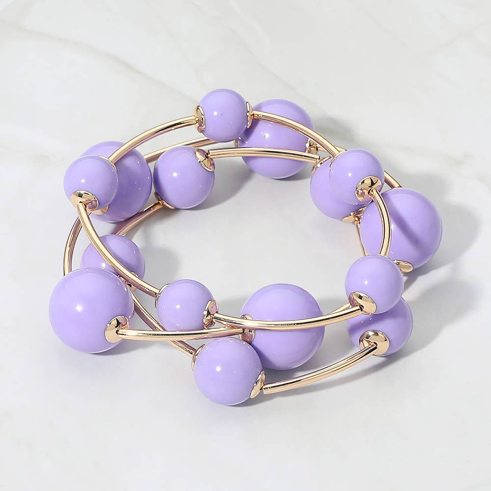 3PCS - Resin Ball Metal Bar Beaded Stretch Stackable Multi Layered Bracelets: Gold,Lavender