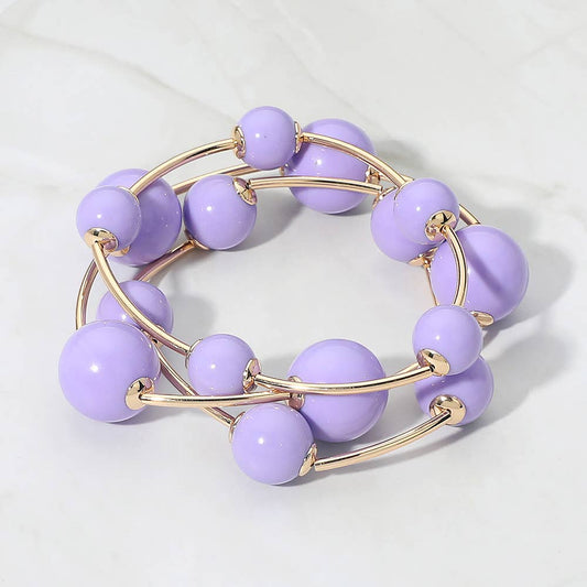 3PCS - Resin Ball Metal Bar Beaded Stretch Stackable Multi Layered Bracelets: Gold,Lavender