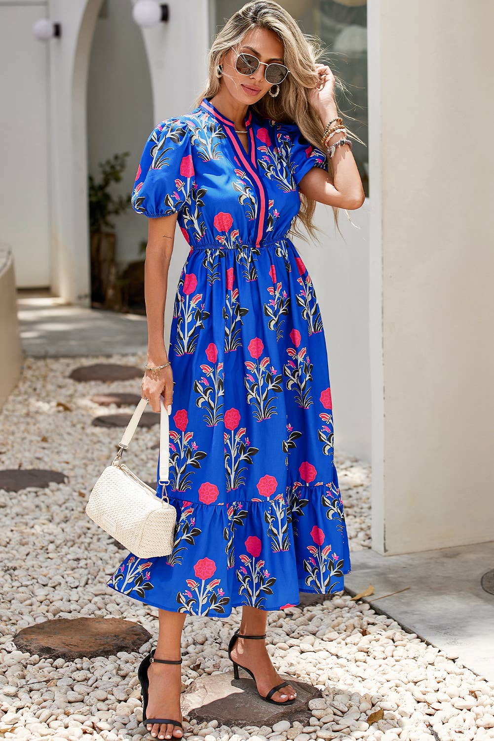 LDC Floral Puff Short Sleeve V Neck High Waist Maxi Dress: White / L