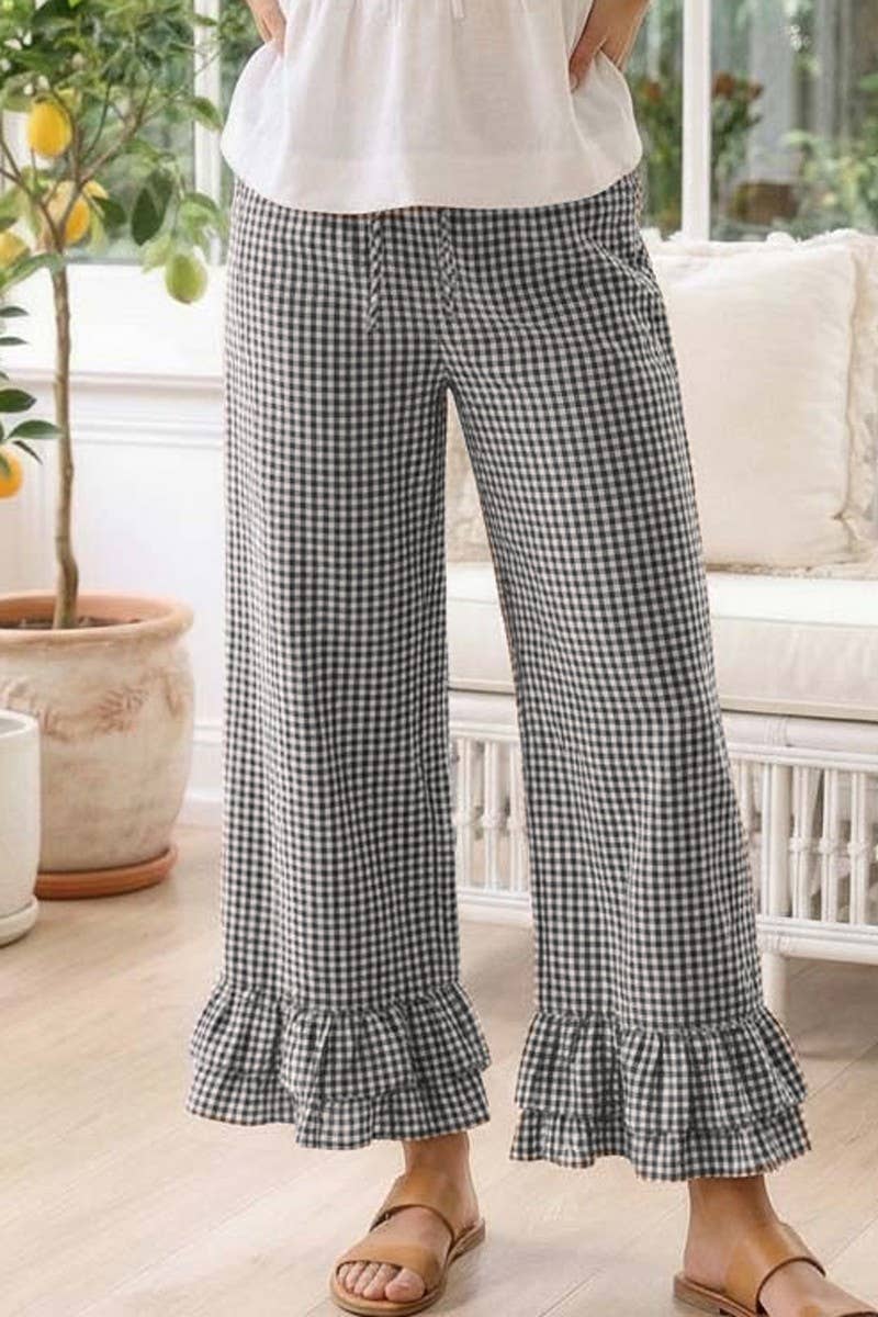 Gingham Casual Ruffled Hem 100%Cotton Cropped Pants VP83379A: Red / L