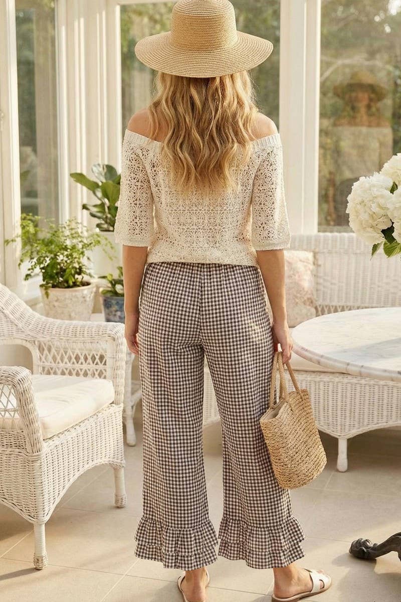 Gingham Casual Ruffled Hem 100%Cotton Cropped Pants VP83379A: Red / S