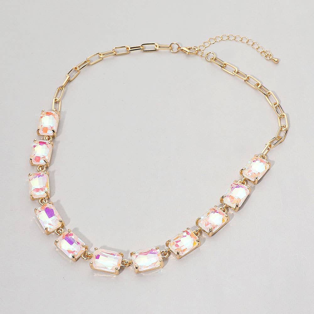 Cushion Rectangular Stone Cluster Link Evening Necklace: AB,Gold