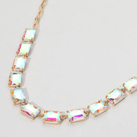Cushion Rectangular Stone Cluster Link Evening Necklace: AB,Gold