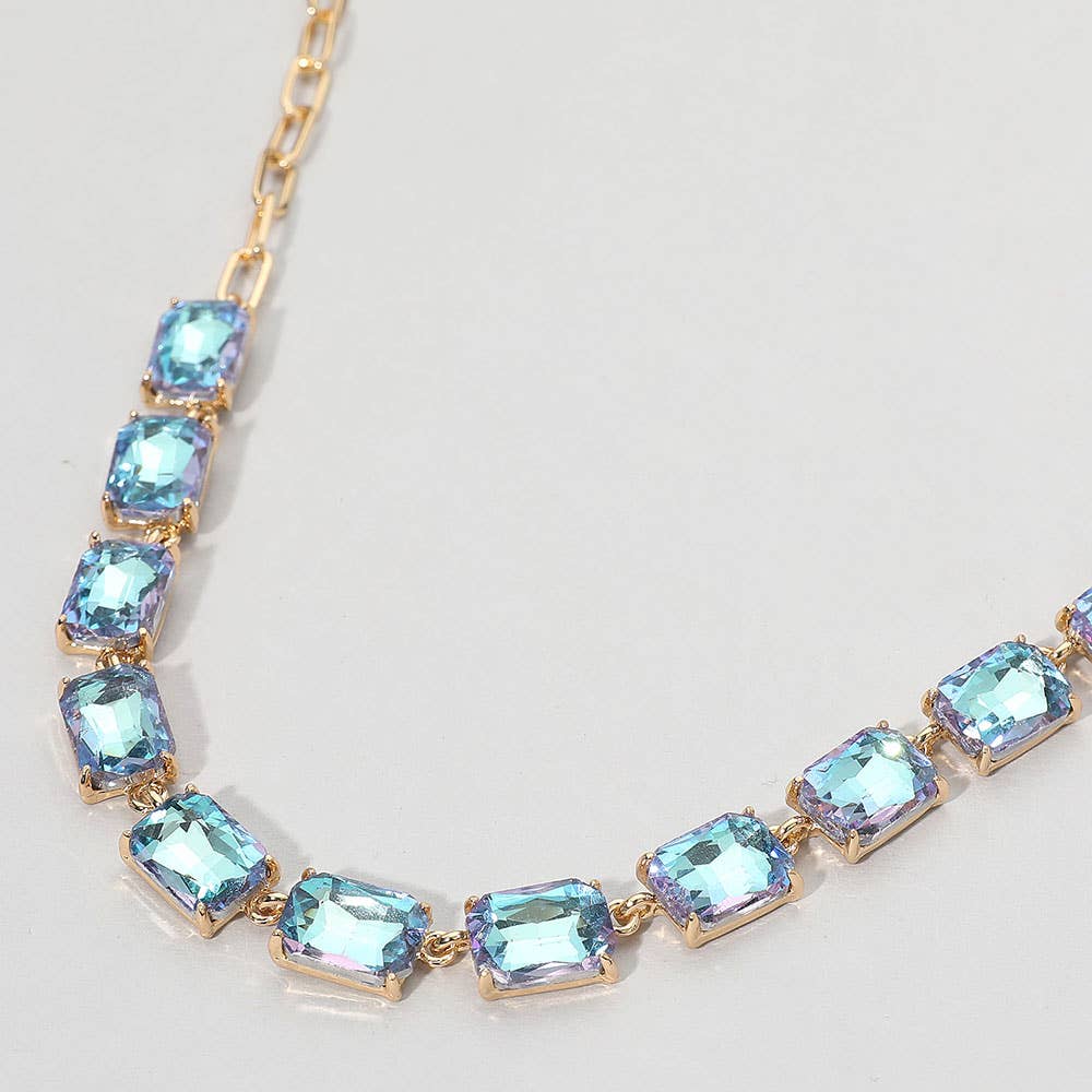 Cushion Rectangular Stone Cluster Link Evening Necklace: AB,Gold