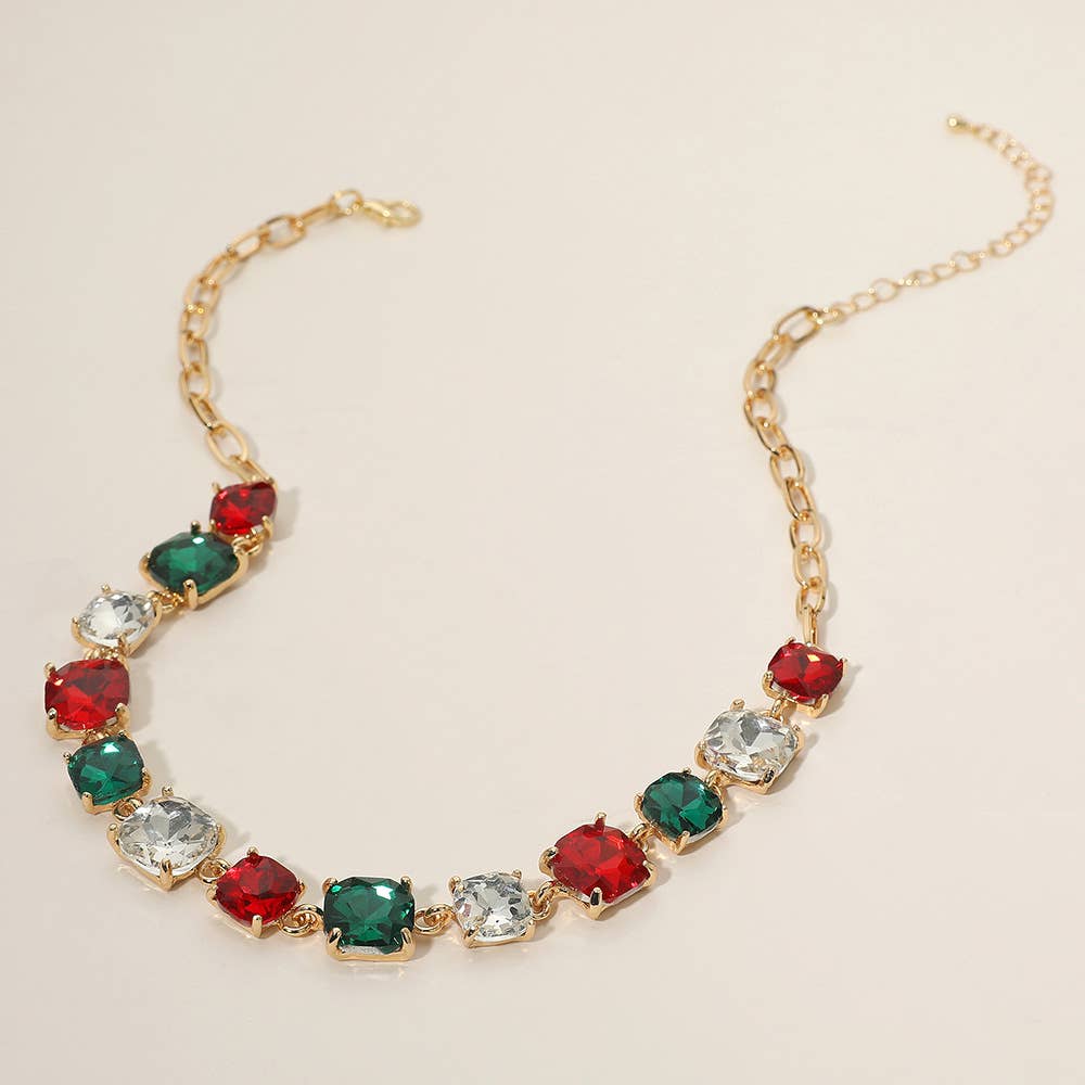 Cushion Square Stone Link Evening Necklace: AB,Pink