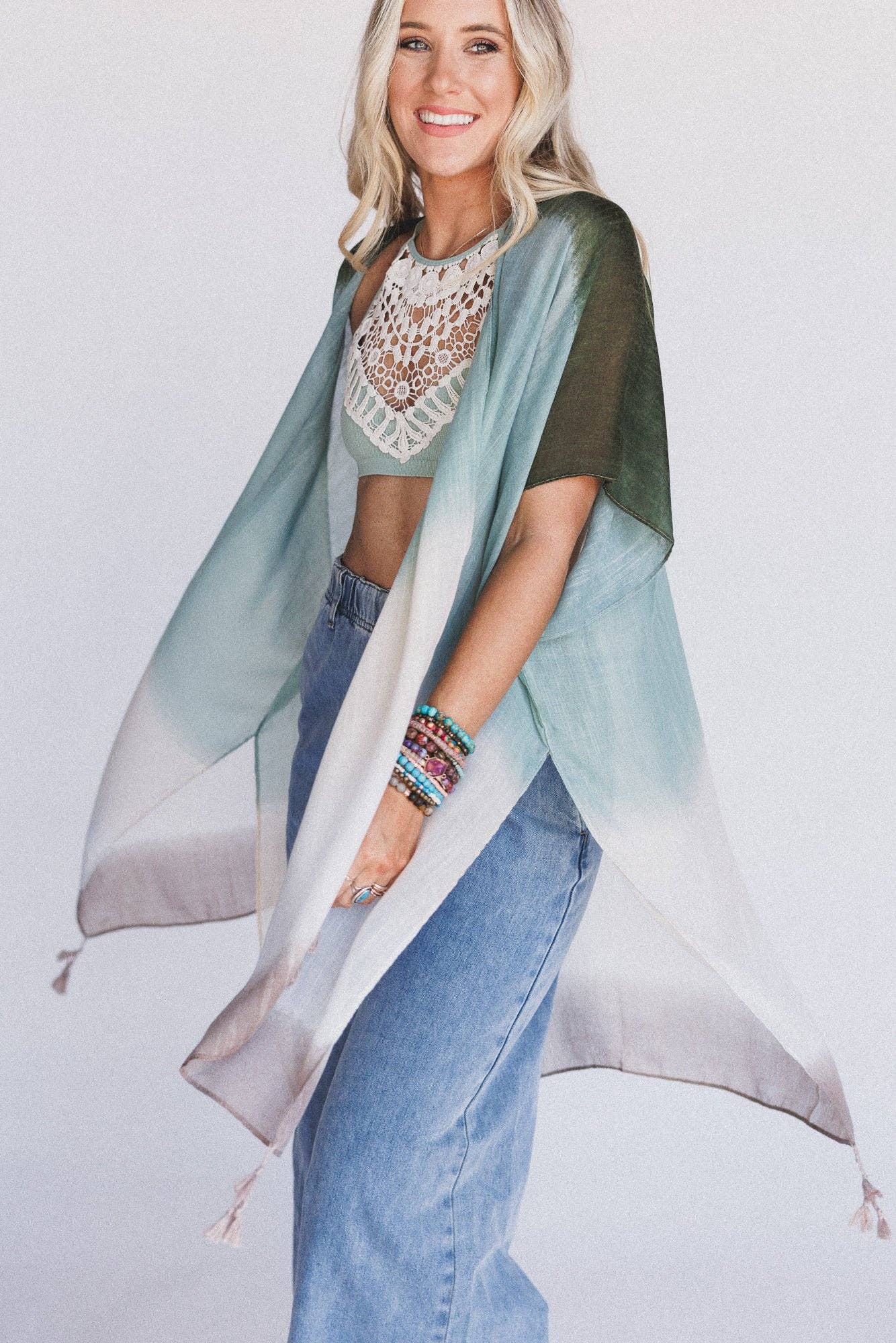 Sienna Soul Ombre Kimono - Sage: Green / OS