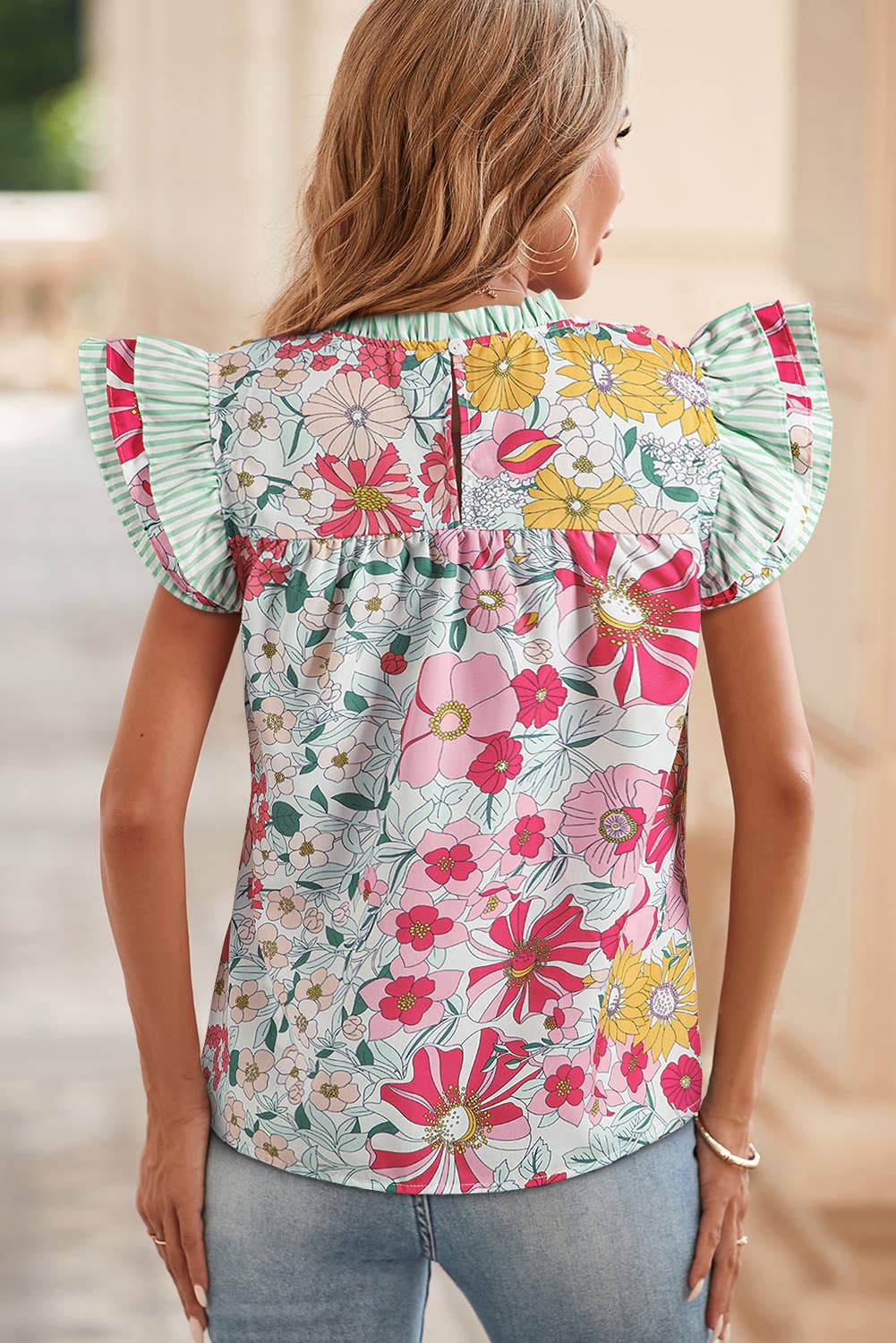 LDC Floral Print Contrast Ruffle Trim Short Sleeve Blouse: Pink / S