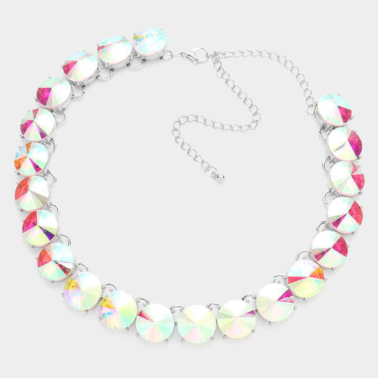Round Stone Link Evening Necklace: AB,Silver