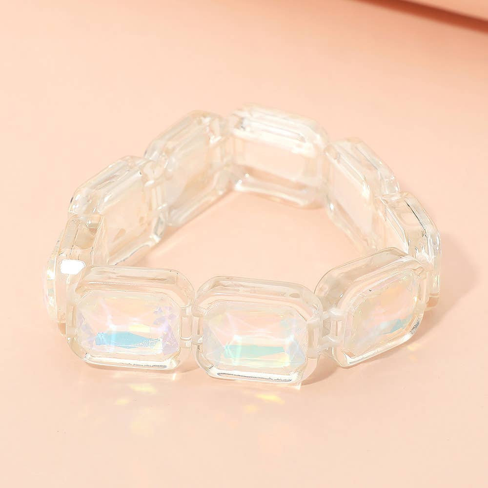 Iridescent Rectangular Resin Frame Beaded Stretch Bracelet: White