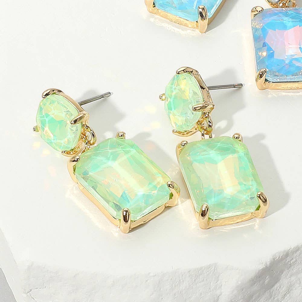 Square Rectangle Glass Stone Link Dangle Evening Earrings: G-PK-AB