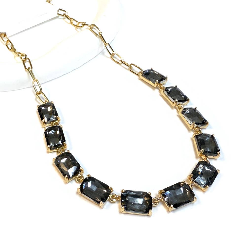 Rectangle Crystal Glass Linked Statement Chain Necklace : Neon Multi